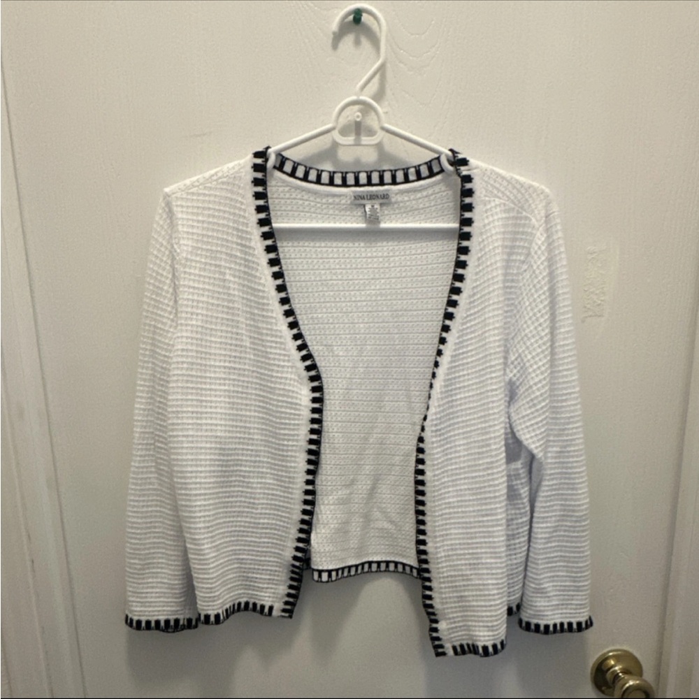 Nina Leonard White Cardigan with Black Trim